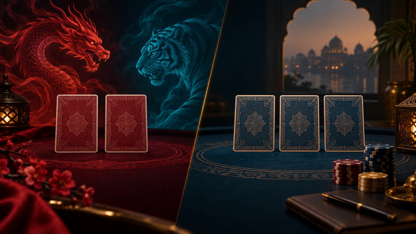 Two-card Dragon Tiger table beside a three-card Teen Patti table