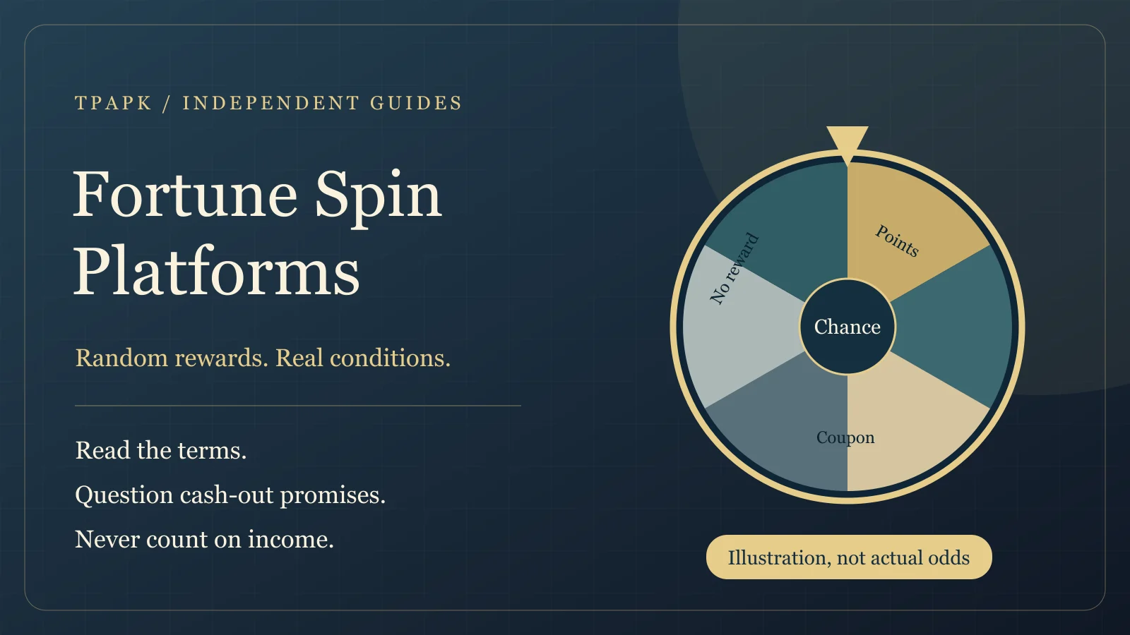 Illustrated random reward wheel with reminders to check terms and avoid promised income