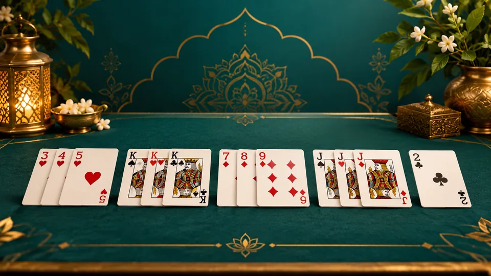 Illustration of rummy card sequences and sets on a green table