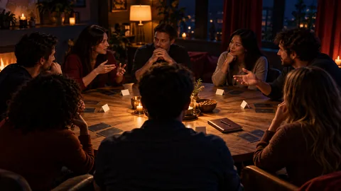 Friends playing the Mafia social deduction party game around a table