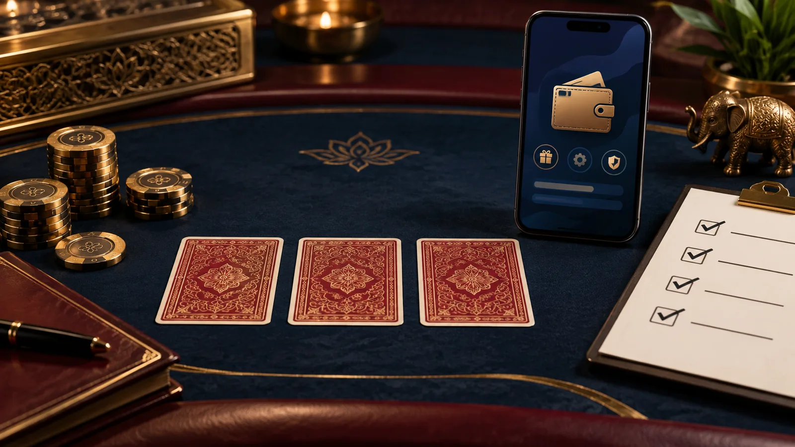 Teen Patti cards, wallet and checklist illustrating bonus terms