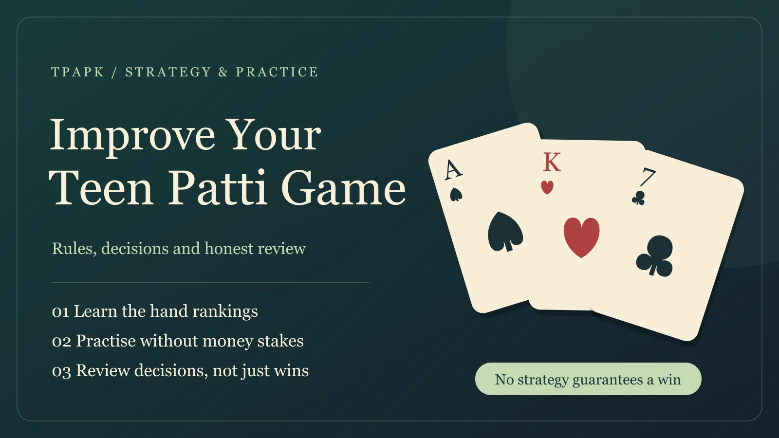Teen Patti practice guide with three cards and a learn, practise and review checklist