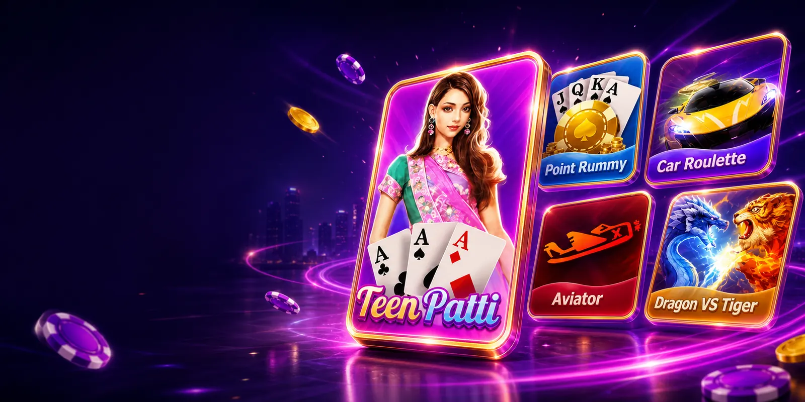 Teen Patti Master game modes including Teen Patti, Point Rummy, Car Roulette, Aviator and Dragon VS Tiger