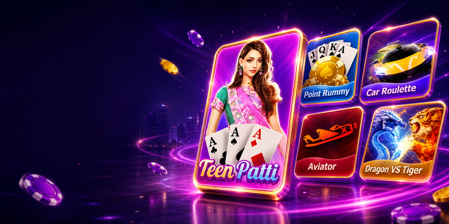 Teen Patti Master game modes including Teen Patti, Point Rummy, Car Roulette, Aviator and Dragon VS Tiger