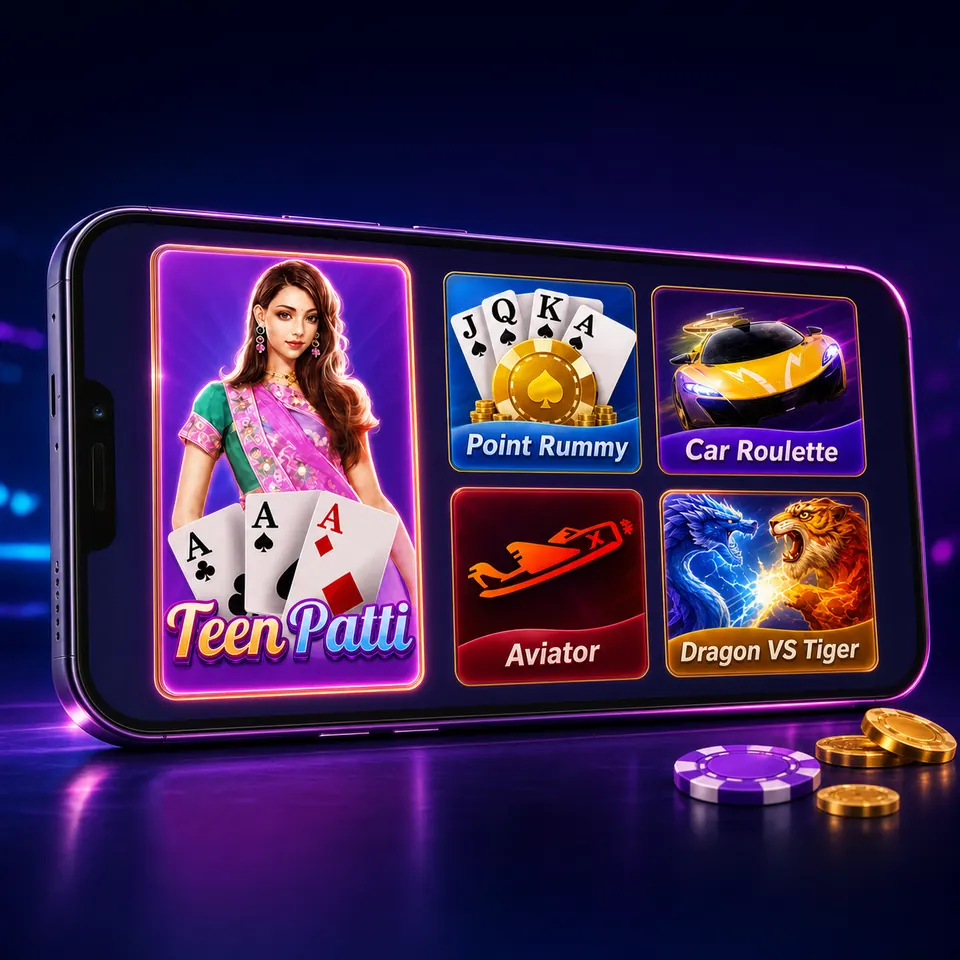 Teen Patti Master Android app showing Teen Patti, Point Rummy, Car Roulette, Aviator and Dragon VS Tiger