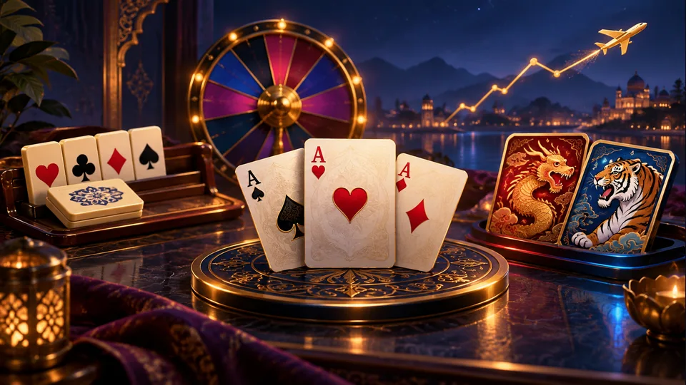 Illustration of playing cards, a wheel, an airplane and dragon and tiger cards