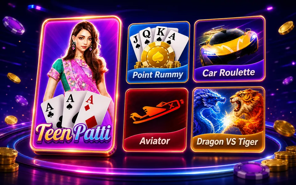 Teen Patti Master featured modes: Teen Patti, Point Rummy, Car Roulette, Aviator and Dragon VS Tiger