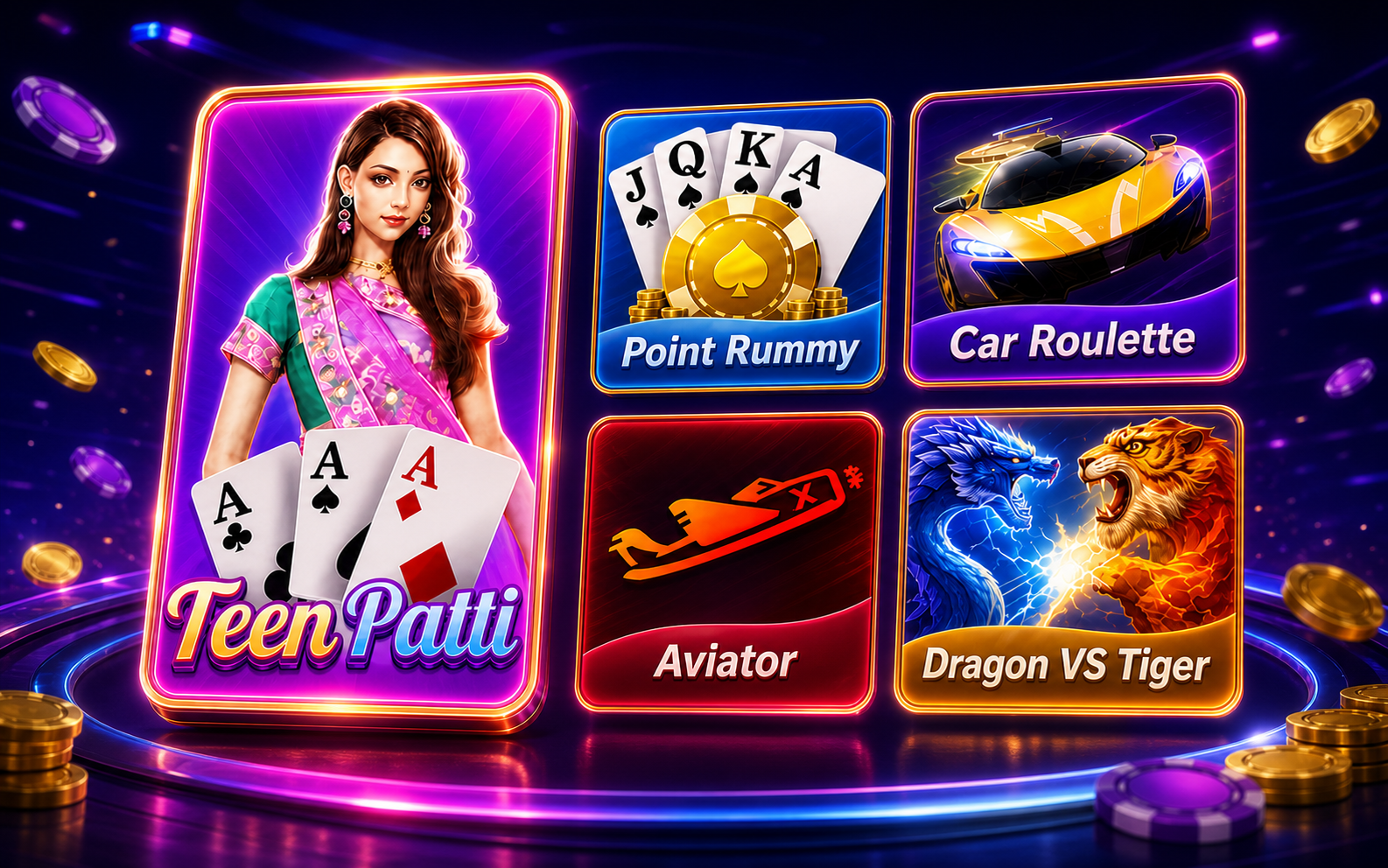 Teen Patti Master featured modes: Teen Patti, Point Rummy, Car Roulette, Aviator and Dragon VS Tiger